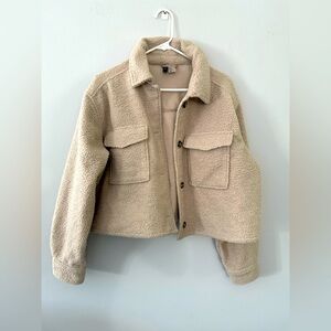H&M Teddy Jacket Cropped Jacket Sherpa Fuzzy Tan Beige Size S M L